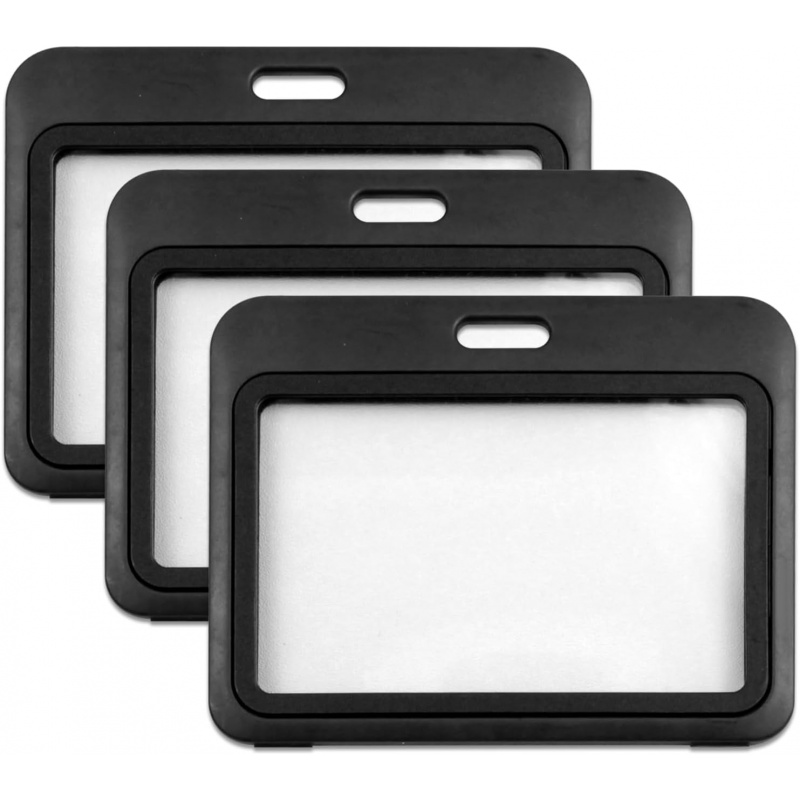 Index Card Holder - ที่ใส่บัตรประจำตัวพลาสติกแข็งแนวนอน 3 ชิ้น – กล่องใส่บัตรสีดำสองด้านสำหรับสำนักงาน โรงเรียน